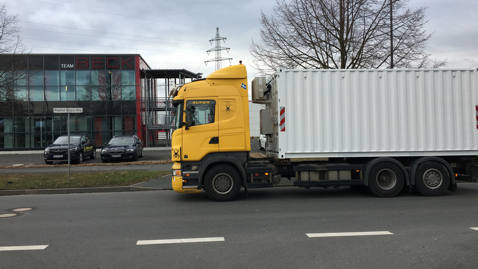 The battery storage facility is being transported by truck through Germany and Sweden running on biodiesel.
