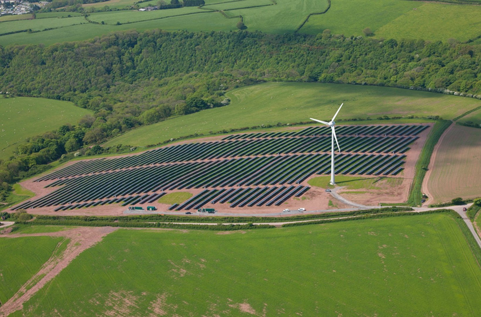 Aerial photo of Parc Cynog combined solar and wind park 
