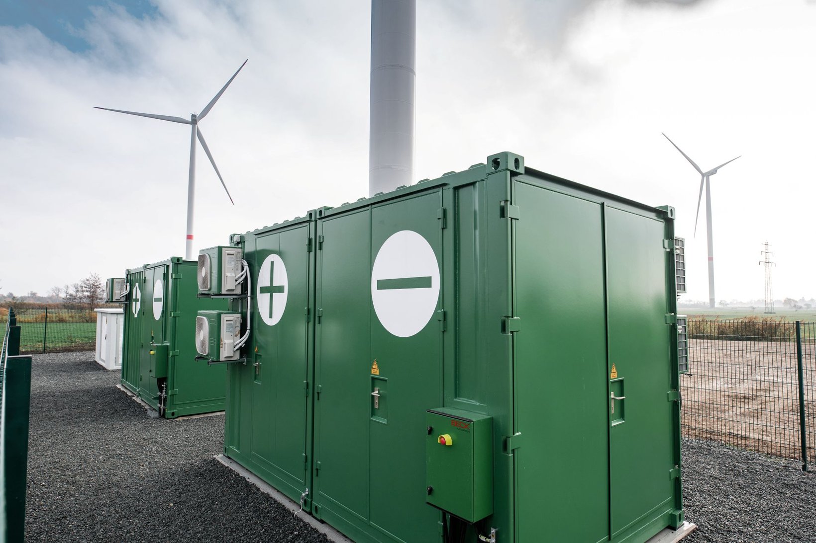 Battery storage at an onshore wind farm.