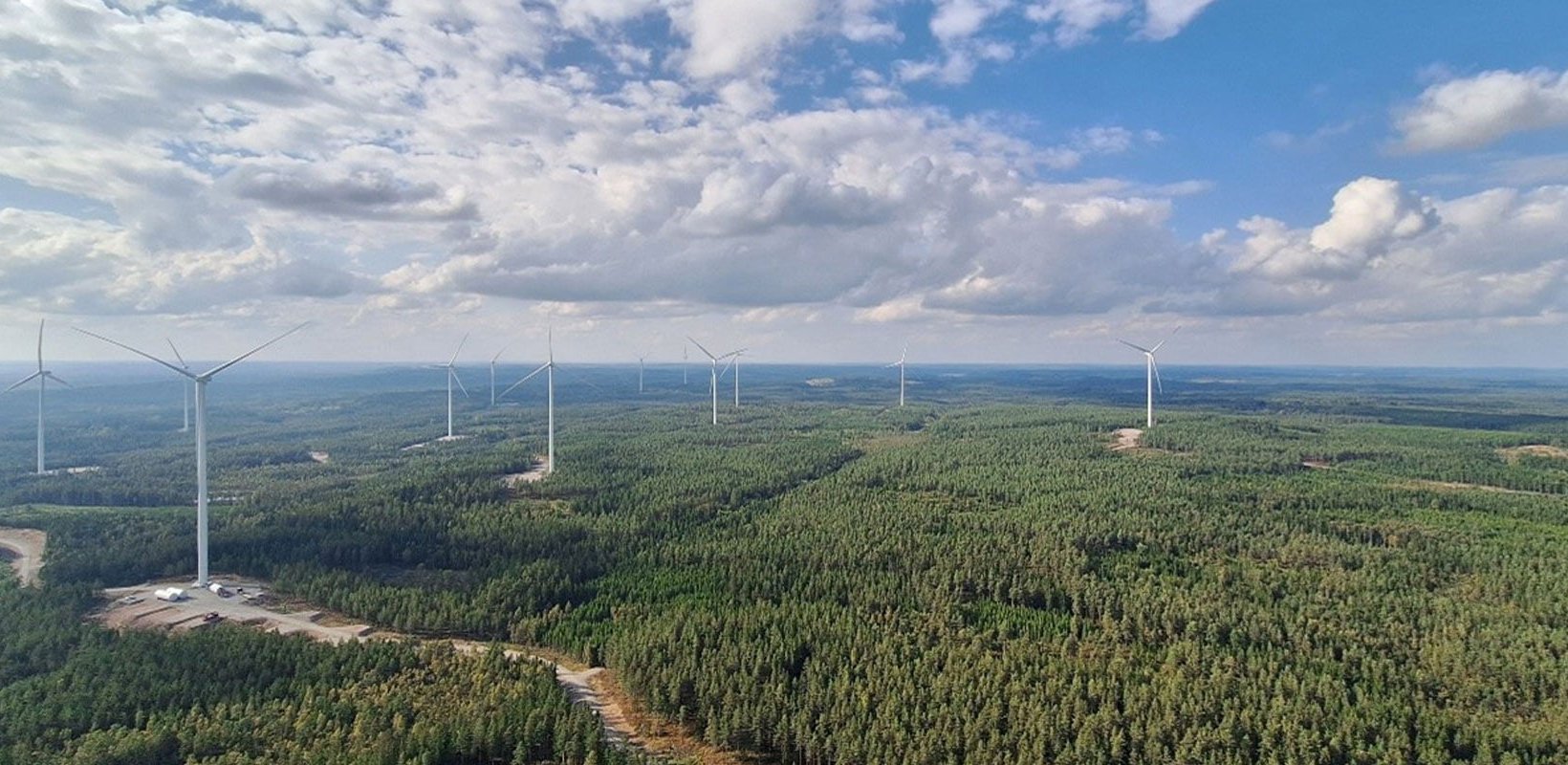Aerial view of wind turbines spaced across dense forest, with service roads and clearings under a partly cloudy sky.
