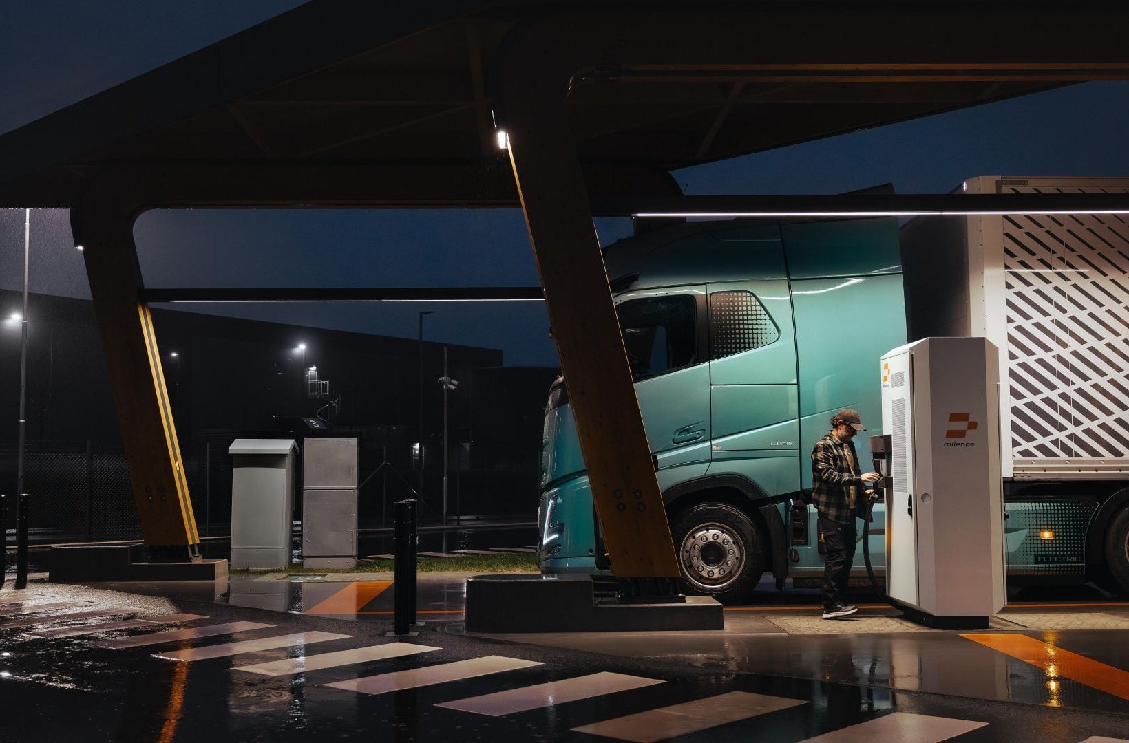 Volvo truck at night time. Volvo truck at night time.