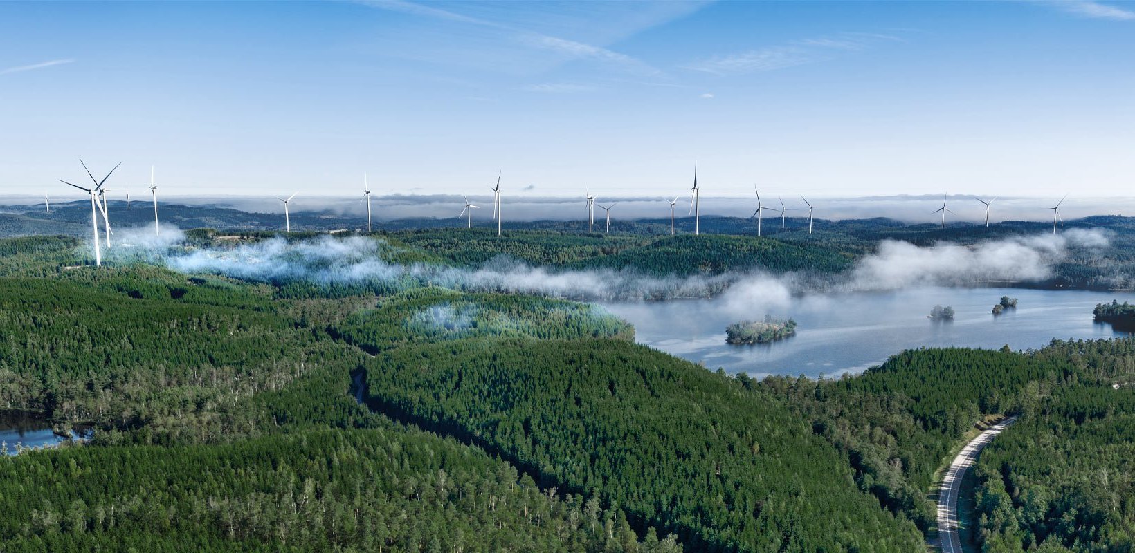 A forested landscape with wind turbines, lakes and a road.