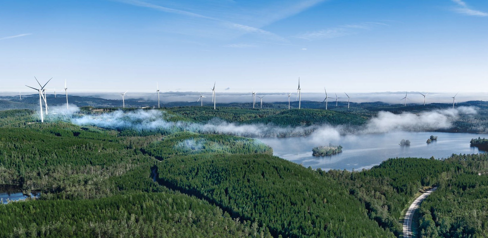 A forested landscape with wind turbines, lakes and a road.