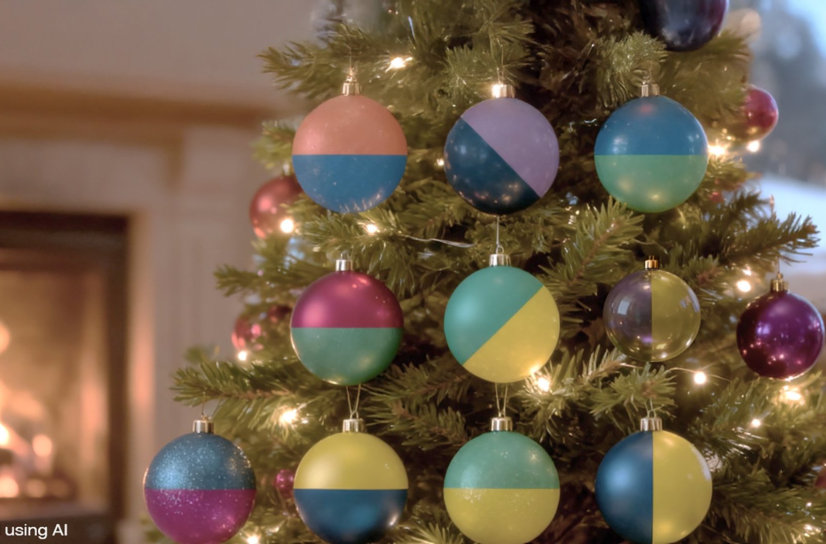 Colourful baubles, resembling Vattenfall's logo, on a Christmas tree in front of a roaring fire. AI generated.