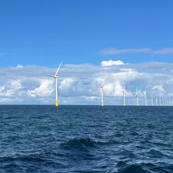 A line of offshore wind turbines at Vesterhav Syd.