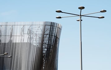 Exterior building façade and light pole