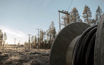 A cable reel near power lines in a frosty forest landscape.