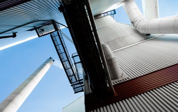 Frog's-eye view of a chimney stack at Idbäcksverket combined heat and power plant