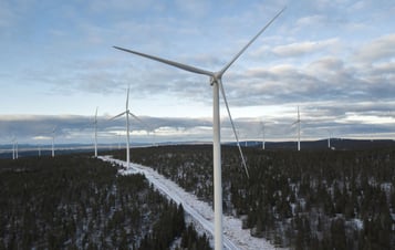 Wind turbines rising above a snow-covered forest.