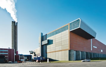 Exterior view of a waste incineration plant in Uppsala, Sweden