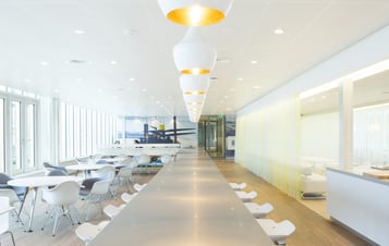 Modern office interior with a long communal table, white chairs, and large windows letting in natural light.