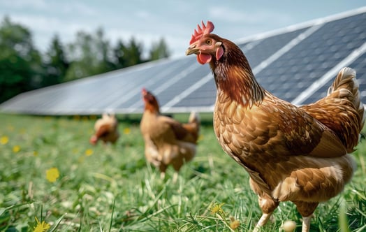 Chickens standing in a solar farm among rows of solar panels. AI-generated. Chickens standing in a solar farm among rows of solar panels. AI-generated.