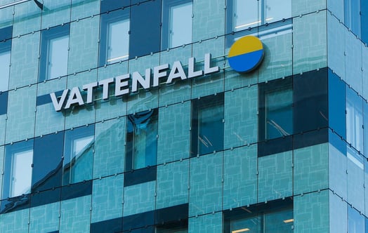 Vattenfall's logotype on the façade of the head office.