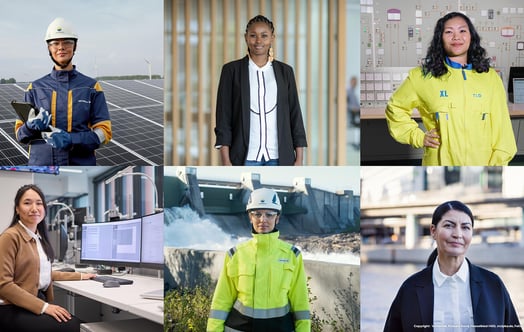 Collage of six women working in different roles across renewable energy, technology, operations, and office environments at Vattenfall.