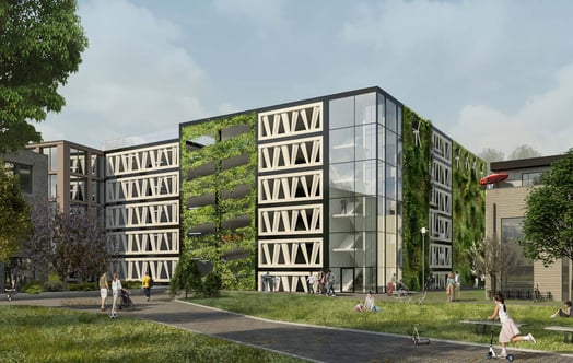 Illustration of a multi-storey car park with reused turbine blades. Photo: Lloyds arkitektkontor