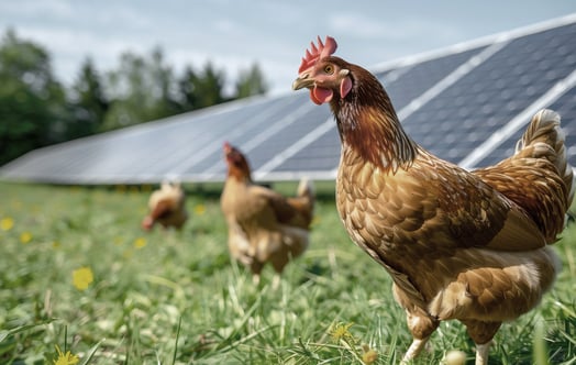 Chickens and solar panels. AI-generated image