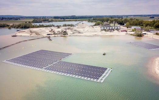 Aerial view of Vattenfall's floating solar park. Aerial view of Vattenfall's floating solar park.