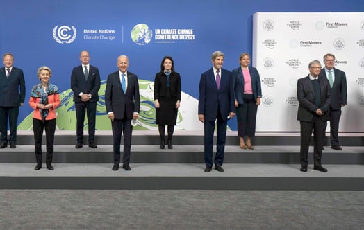 Some members of the First Movers Coalition, led by the World Economic Forum and the US Office of the Special Presidential Envoy for Climate John Kerry, meet on the sidelines of COP26