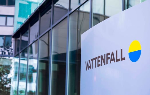 Vattenfall's logo at the entrance to the head office in Solna, Sweden