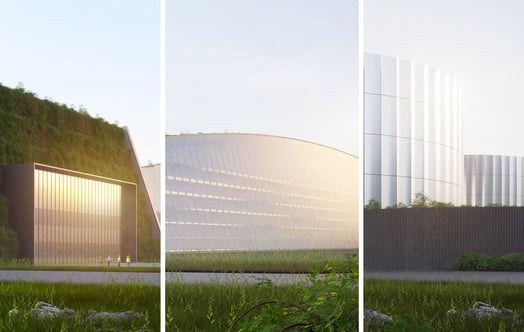 Three proposals for new buildings for small modular reactors. The visualisations are made by Gottlieb Paludan Architects