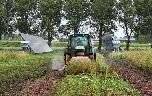 A tractor harvesting crops in a solar park