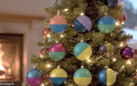 Colourful baubles on a Christmas tree in front of a roaring fire. AI generated. Colourful baubles on a Christmas tree in front of a roaring fire. AI generated.