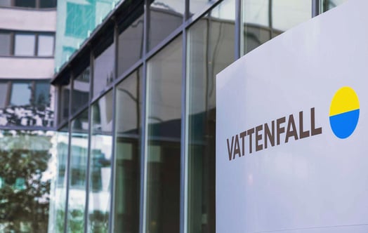 Vattenfall sign at the entrance to the head office in Solna, Sweden