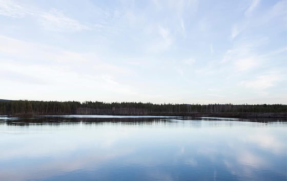 Calm lake reflecting the sky and the forested shoreline.