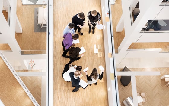 Bird's-eye view of Vattenfall employees taking part in a brainstorming session