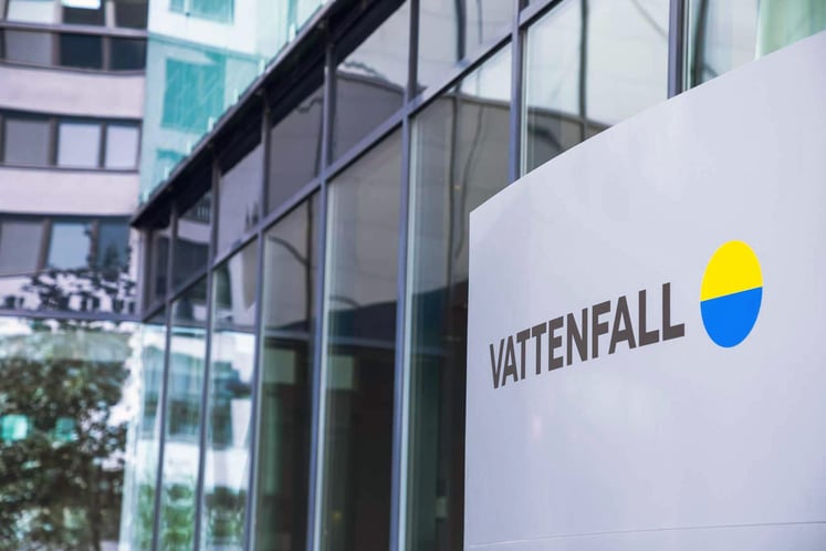 Vattenfall sign at the entrance to the head office in Solna, Sweden.