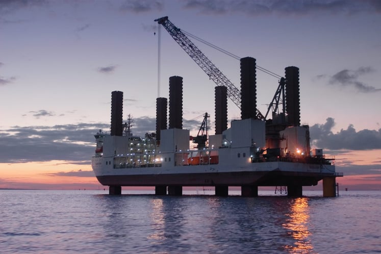 Construction of an offshore wind farm. Construction of an offshore wind farm.