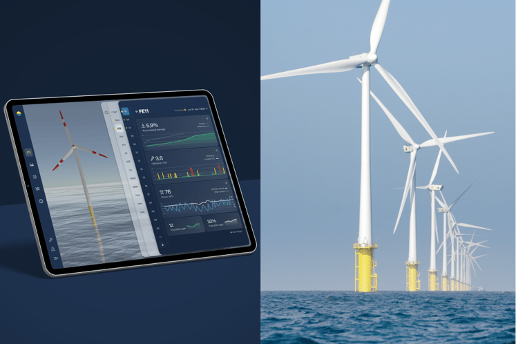 Split image, left IPad with graphical representation of the activity of an offshore turbine, right an offshore wind turbine at sea