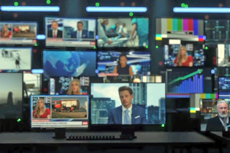 Many screens showing news broadcasts
