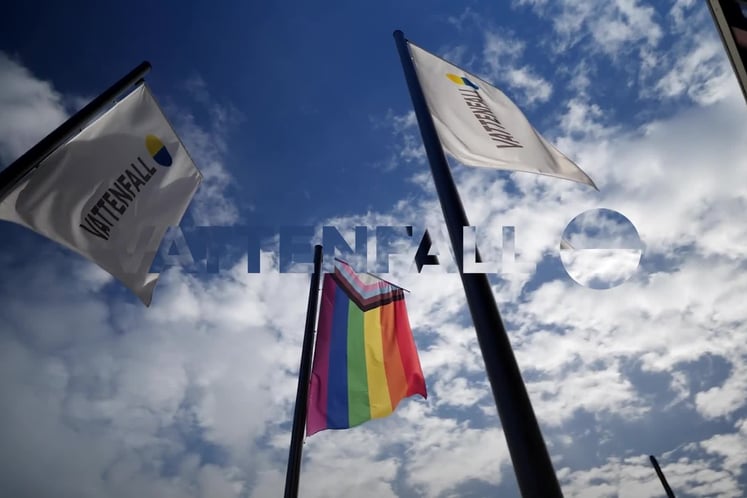 Vattenfall flags together with a Pride flag. Vattenfall flags together with a Pride flag.