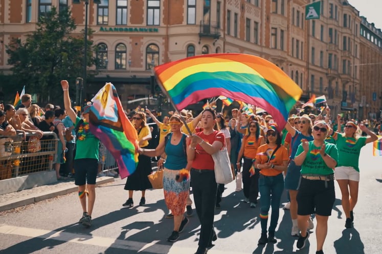 Vattenfall employees with flags and colourful clothes in the Stockholm Pride parade. Vattenfall employees with flags and colourful clothes in the Stockholm Pride parade.