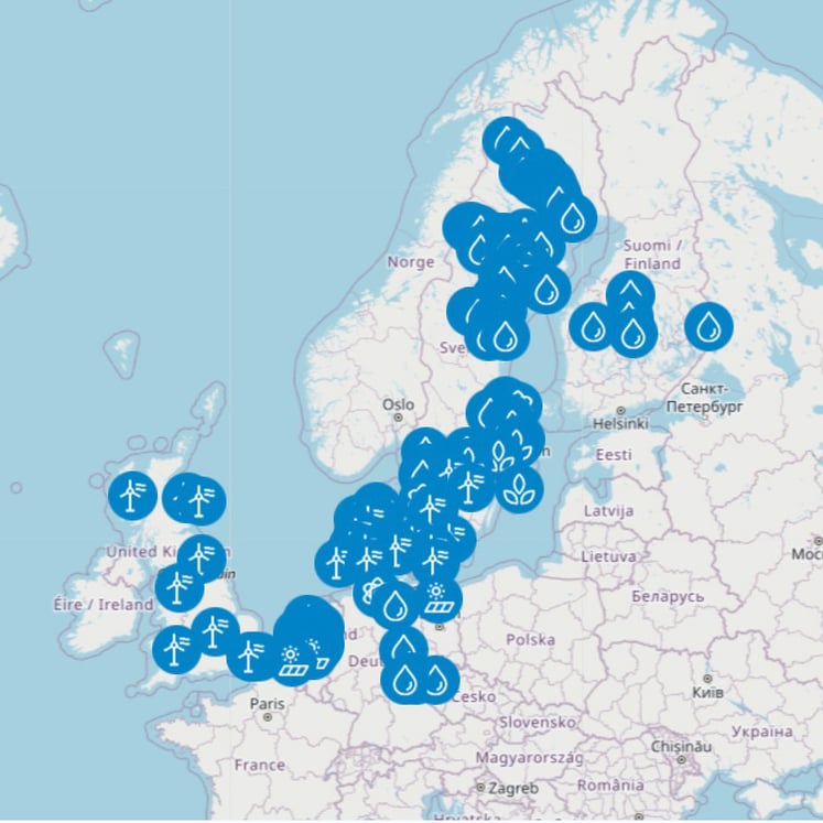 Vattenfall’s power plants displayed on a map.