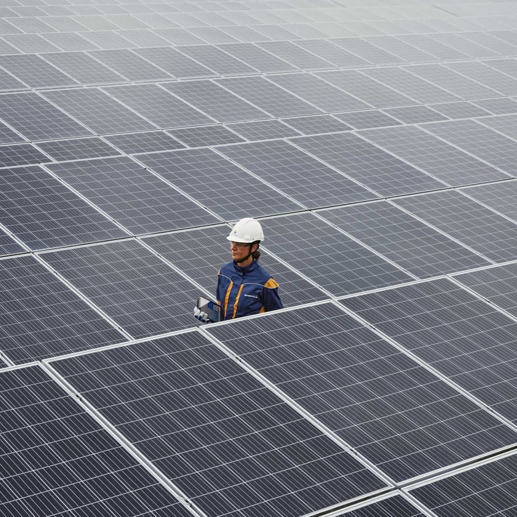 A Vattenfall employee walking through a solar park