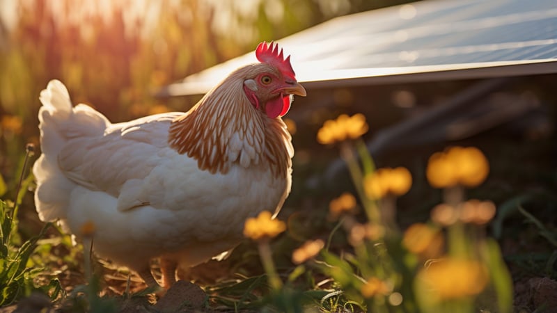 Sunny side up! The Tützpatz solar farm in north eastern Germany will co-exist with sustainable farming such as organic free-range egg production and could look like this AI generated image.