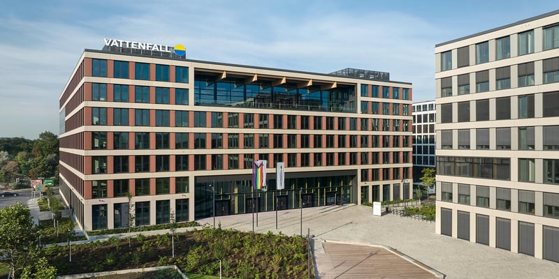 Modern office building with Vattenfall sign. Modern office building with Vattenfall sign.