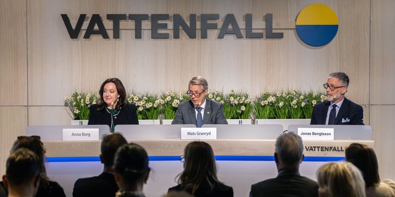 CEO Anna Borg, Chairman of the Board Mats Granryd, and Board member Jonas Bengtsson on stage in front of an audience at Vattenfall's AGM 2026.