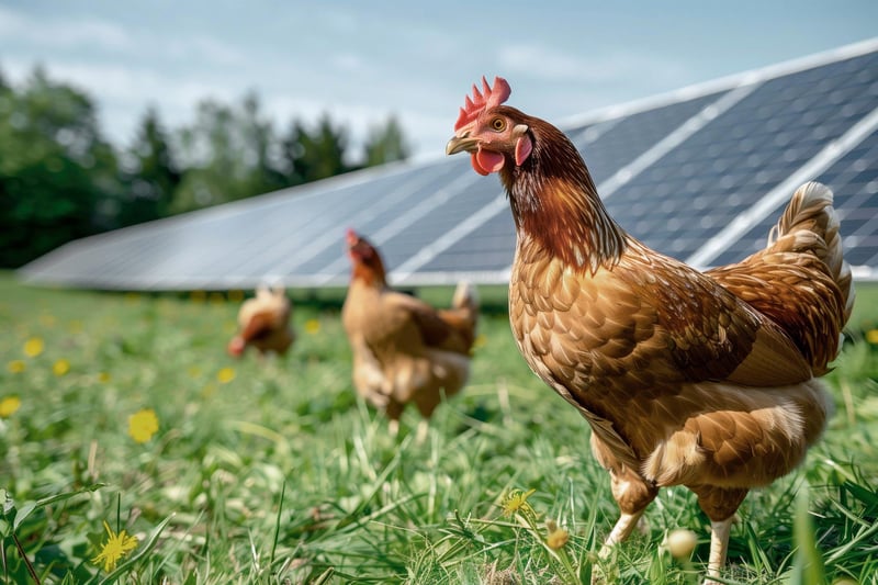 Chickens standing in a solar farm among rows of solar panels. AI-generated.