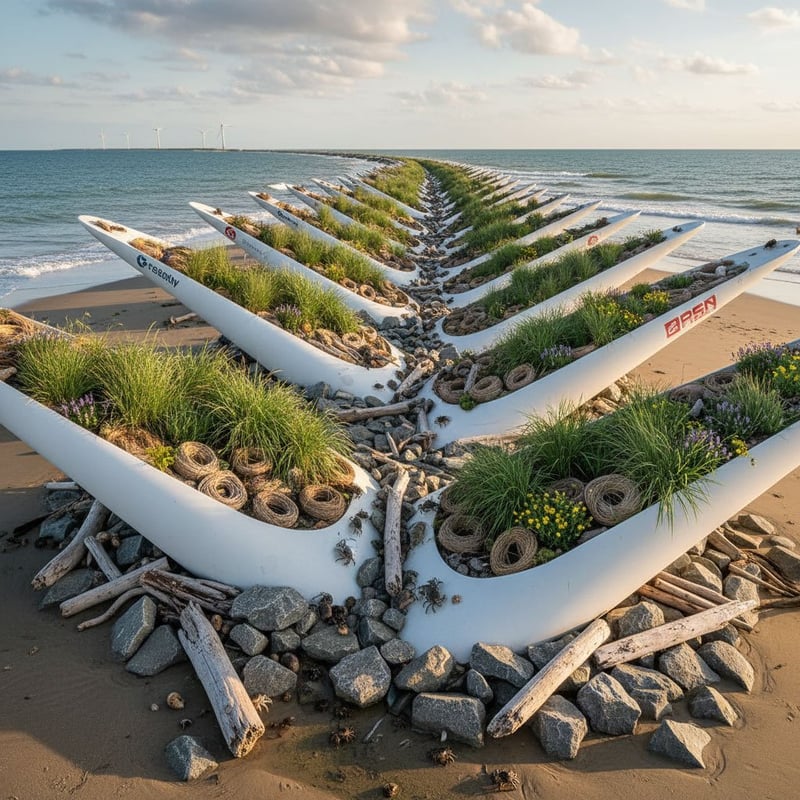 Discarded wind turbine blades are combined with natural materials to form hybrid coastal barriers that slow water flow and retain sediment. AI generated impression.