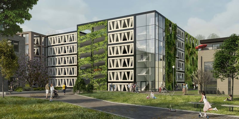 Illustration of a multi-storey car park with reused turbine blades. Photo: Lloyds arkitektkontor Illustration of a multi-storey car park with reused turbine blades. Photo: Lloyds arkitektkontor