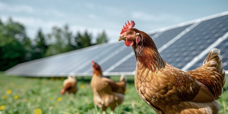 Chickens and solar panels. AI-generated image Chickens and solar panels. AI-generated image