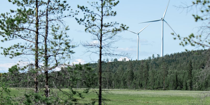 Two wind turbines in a forest landscape Two wind turbines in a forest landscape