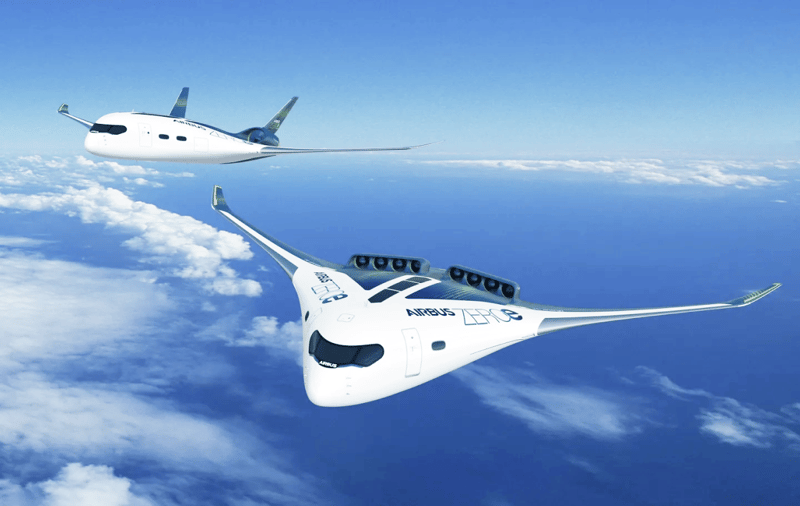 An Airbus vision of a Blended-Wing Body (BWB) aircraft where the wide interior opens up  options for hydrogen storage and distribution. Copyright: Airbus