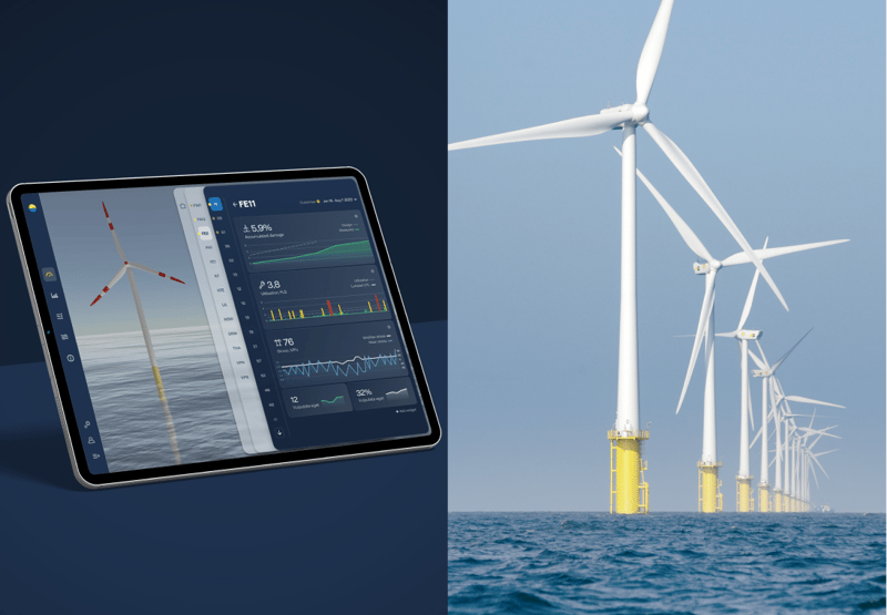 Split image, left IPad with graphical representation of the activity of an offshore turbine, right an offshore wind turbine at sea