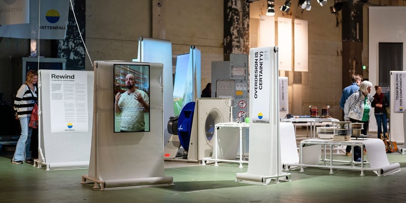 Visitors explore freestanding displays, digital screens, and installations branded by Vattenfall, in a large, industrial-style hall at Dutch Design Week.