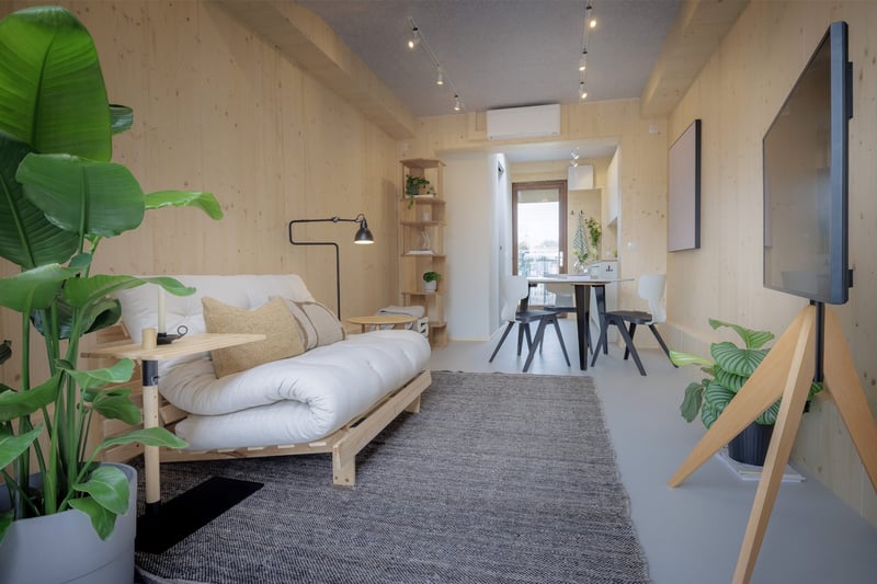 Comfortable seating and a TV in the living room area of the Tiny house. Photo: Jorrit Lousberg