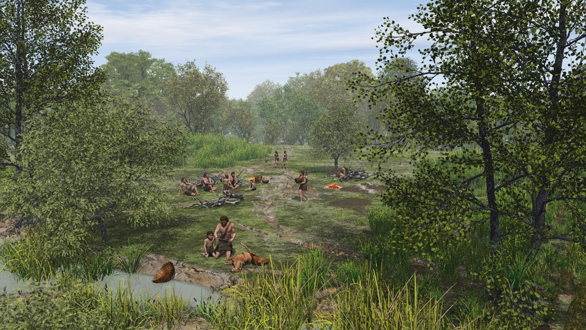 Reconstruction showing mesolithic hunters by waterside as might have been in Doggerland